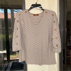 Belldini Taupe and White Striped V-Neck Sweater with Button Detail Large